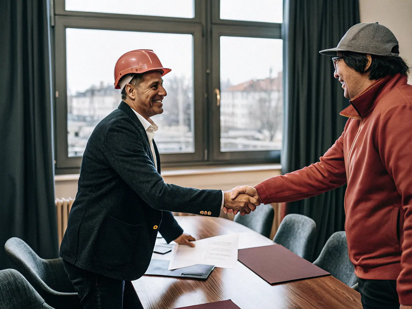Byggentreprenör och kund skakar hand efter godkänd offert