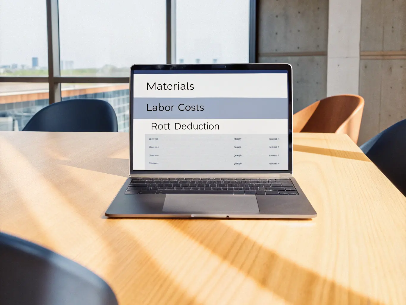 Digital offertmall på laptop med sektioner för material, arbetskostnader och ROT-avdrag