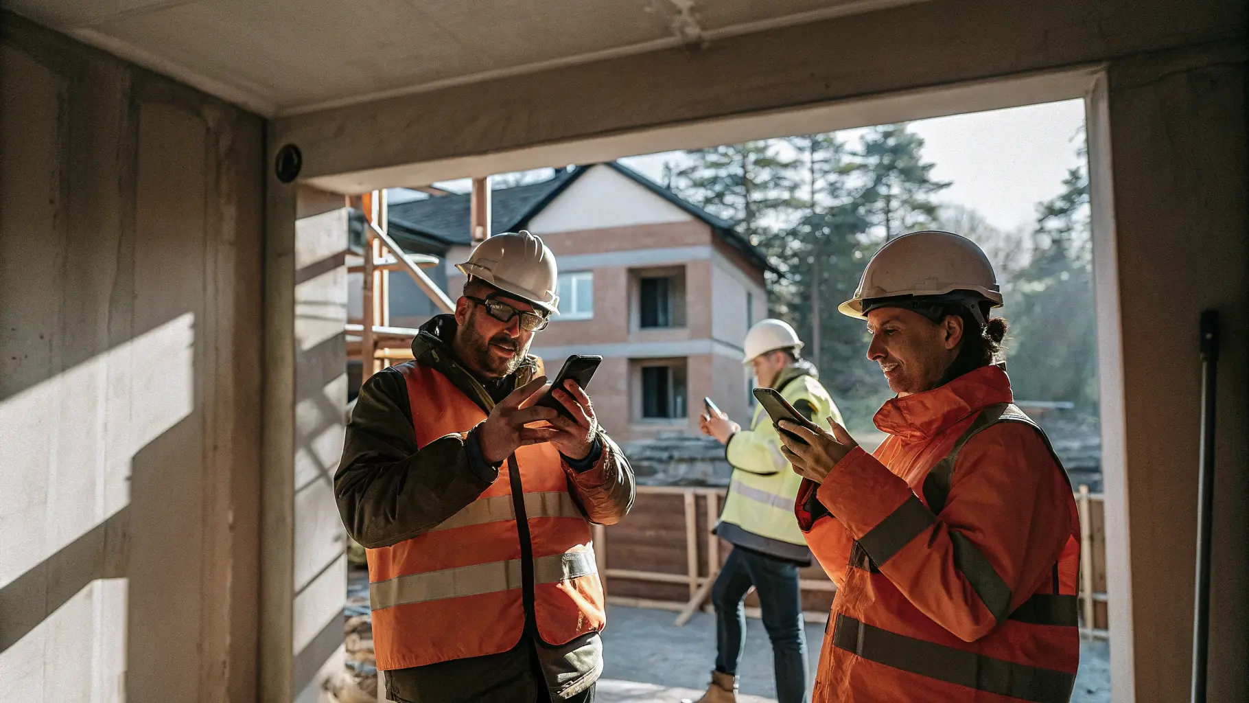 Byggarbetare använder mobil tidrapportering på byggplats