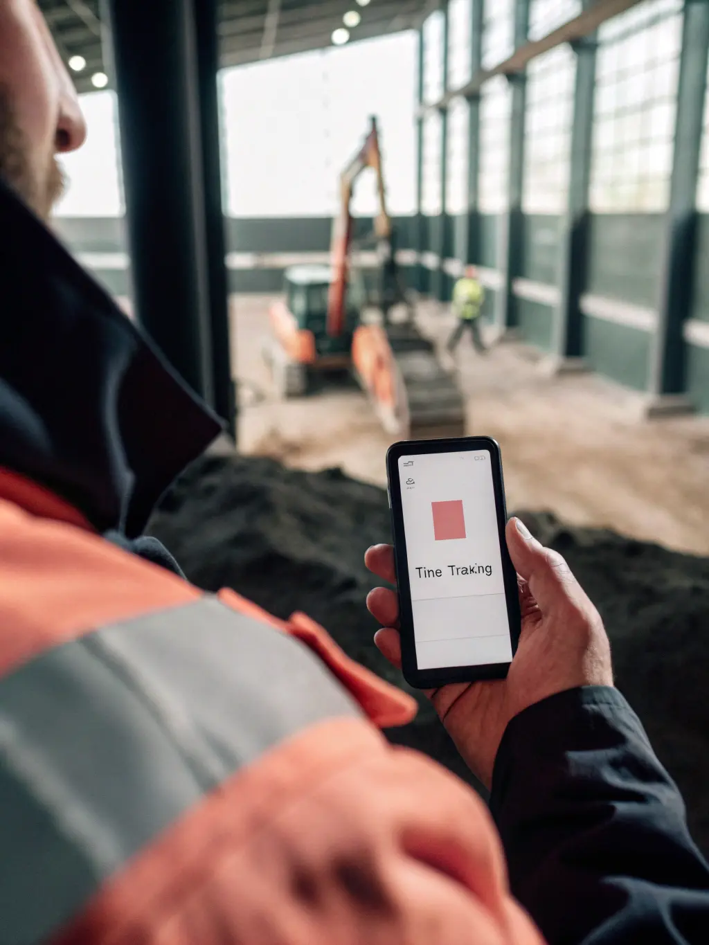 Byggarbetare använder mobilapp för tidrapportering på byggarbetsplats